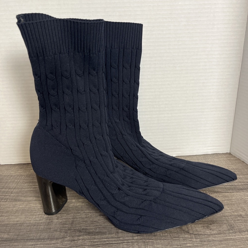 Zara Sock Boots Size 41 (10.5 US) Navy Pointed Toe Stretch Cable Knit Block Heel